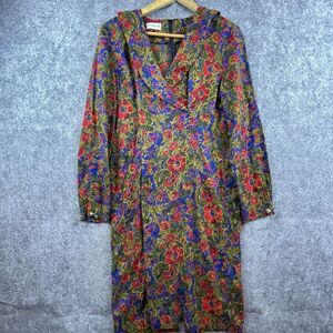 Berkertex Dress Womens 14 Jewel Tones Flowers Luxe Designer Vintage Pleated Wool